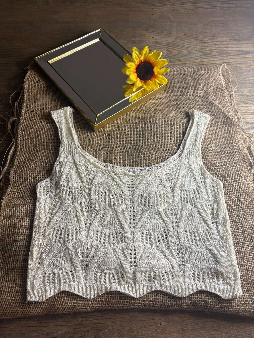 Ivory Crochet Knit Tank Top Size Large / Boho Transitional Fall Layering Top